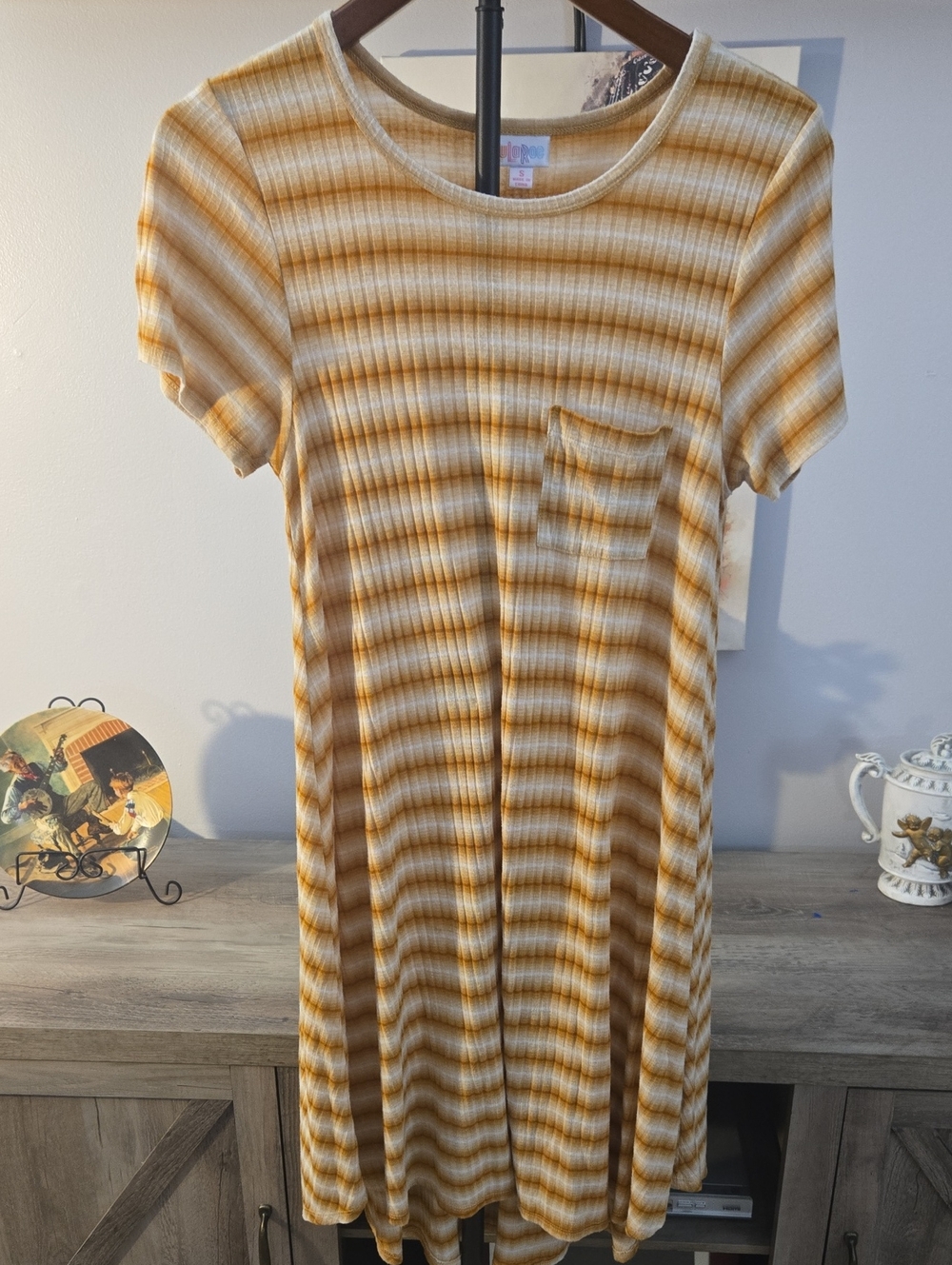 LuLaRoe Tan and Cream Striped Ribbed T-Shirt Dress